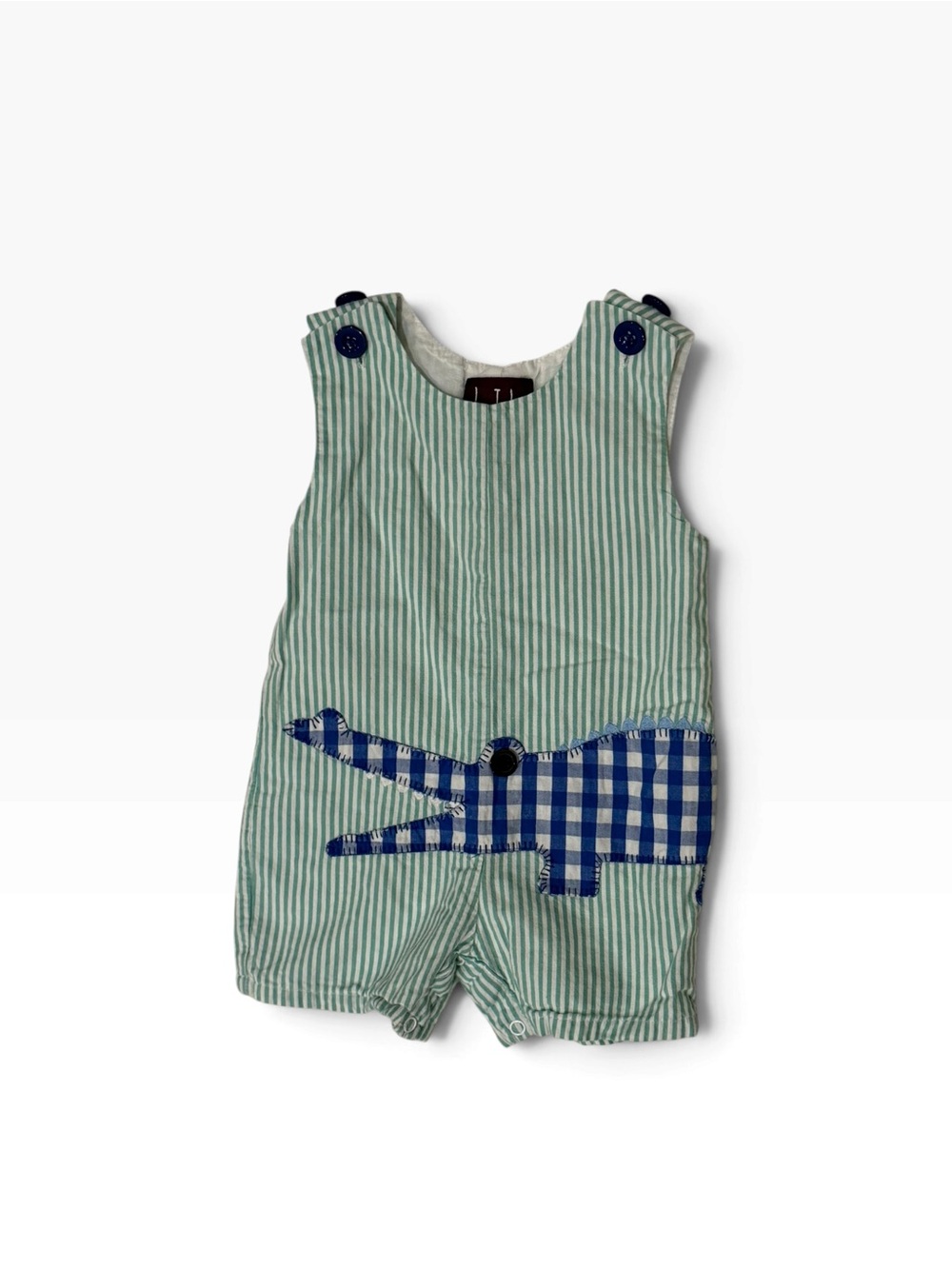 Green Striped Baby Romper with Blue Gingham Crocodile - Kids One Piece